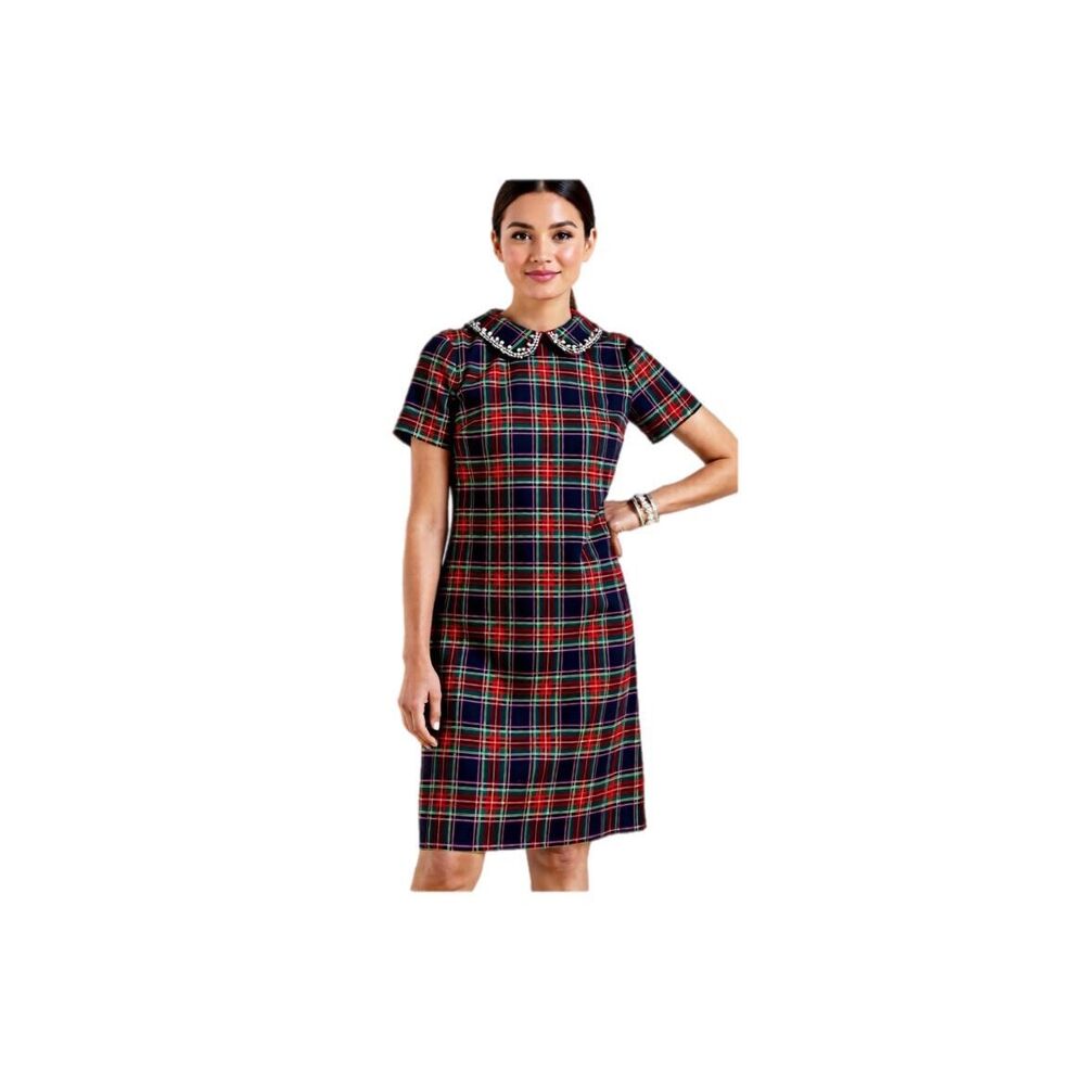 Talbots Classic‎ Christmas Dashing Plaid Removable Rhinestone Collar Dress 8